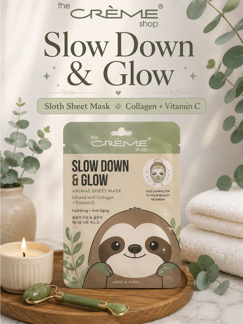 The Crème Shop Slow Down & Glow Sloth Sheet Mask | Collagen + Vitamin C